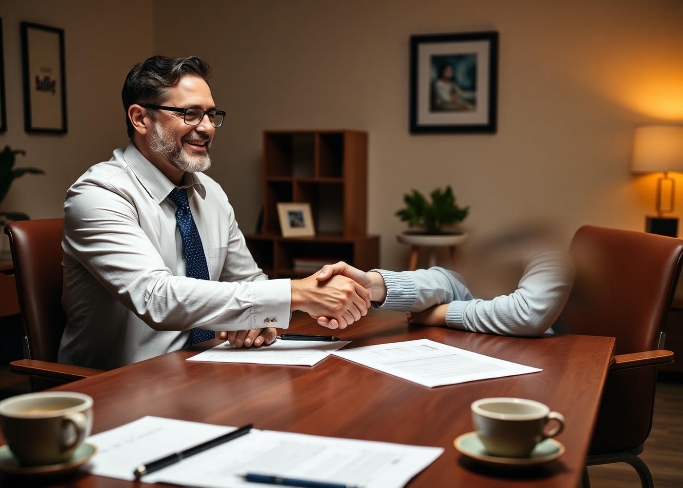 A retirement advisor shaking hands with a client after a planning meeting